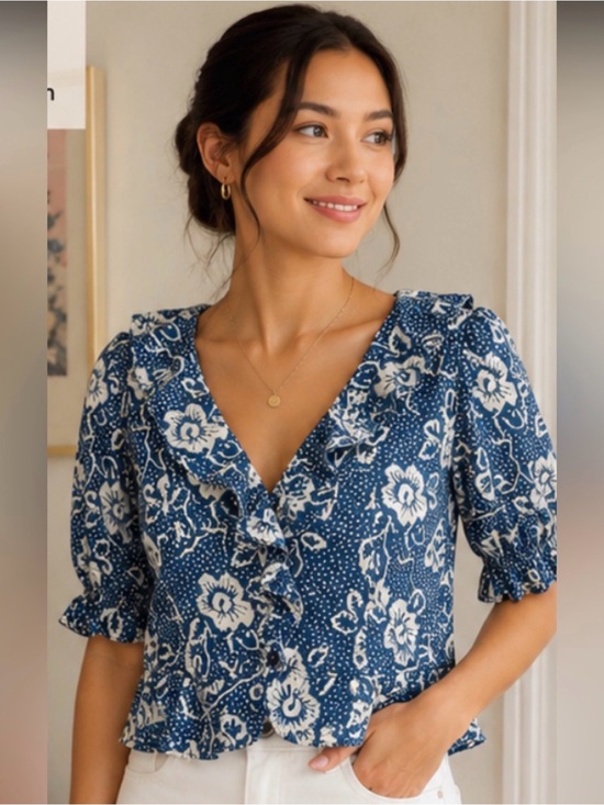 PAIGE Tops - PAIGE Cayenne Blue Floral Ruffle Peplum Blouse Size Small